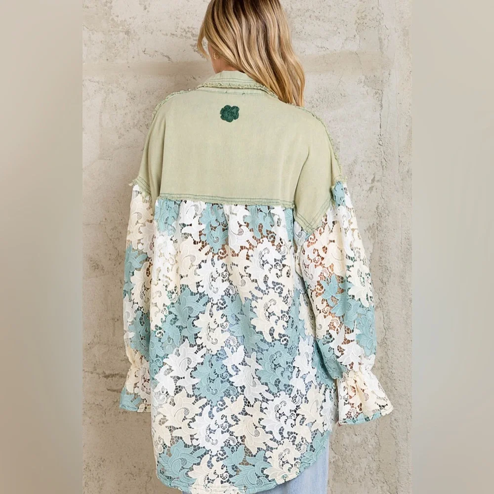 #30 New! Pol Gorgeous Sage Lace Shacket with detailed ruffled sleeves - Picture 2 of 6